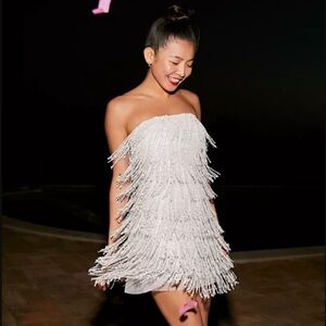 BHLDN Arabella Strapless Sequin Fringe Mini Dress